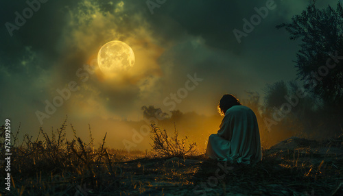Recreation of Jesus Christ praying in the garden Gethsemane a night with full moon © bmicrostock