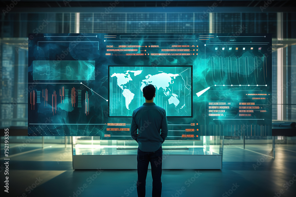 Back view of Businessman interacting with a global network and data exchanges on a large digital screen featuring a world map.