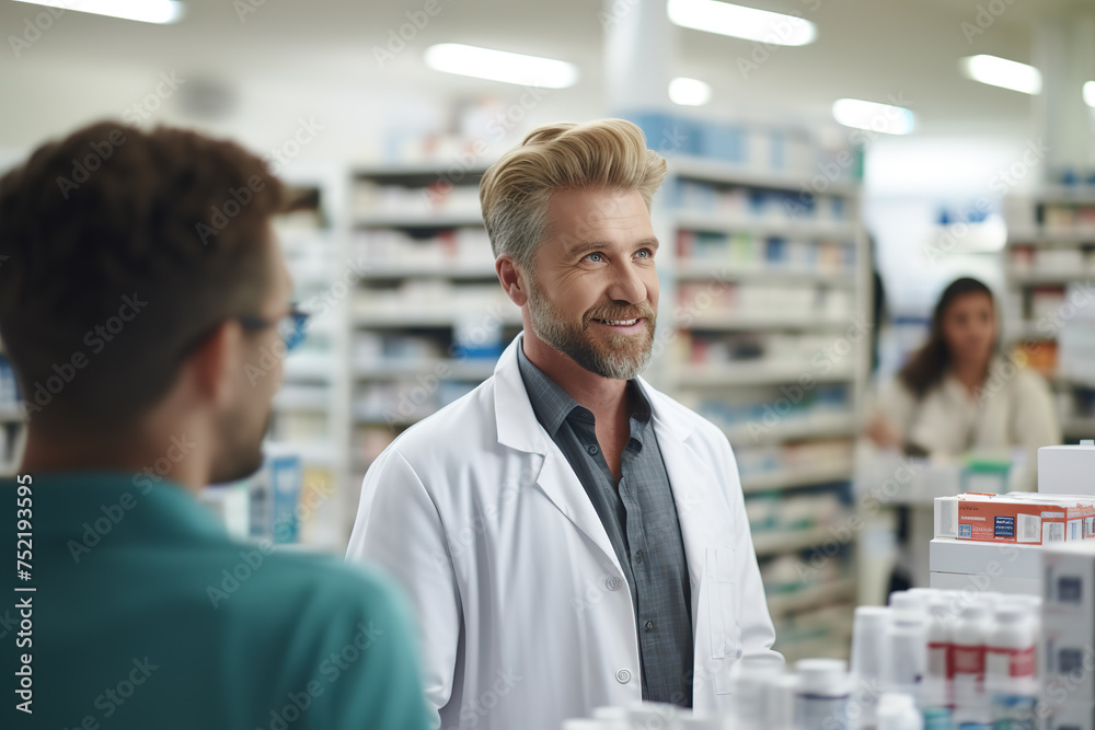 Pharmacist assisting customer with medicine at pharmacy store.