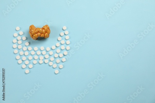 Endocrinology, Pills and model of thyroid gland on light blue background, flat lay. Space for text