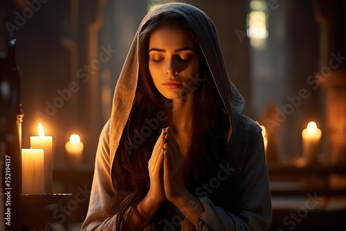 Christian woman praying in church.