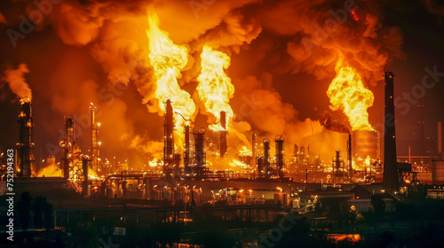 Industrial Pollution and Flaring in Oil Refinery at Dusk. Generative ai