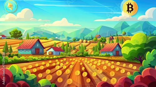 Cartoon farm landscape with village houses and bitcoins in the sky, vector illustration. AI generative