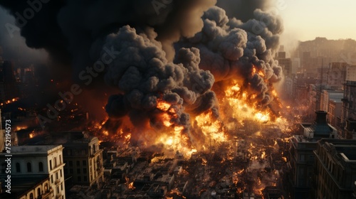 Scene of a giant fire in a densely populated city photo
