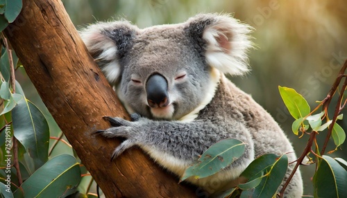 Koala bear sleeps on a tree