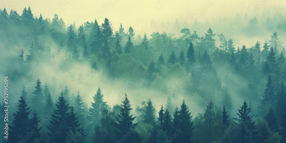 Misty foggy mountain landscape with firs in vintage style - AI Generated