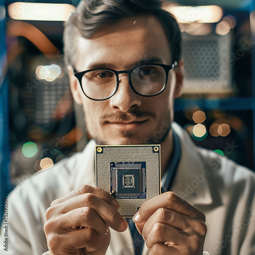 Youthful grown-up engineer holding patched central processor-314