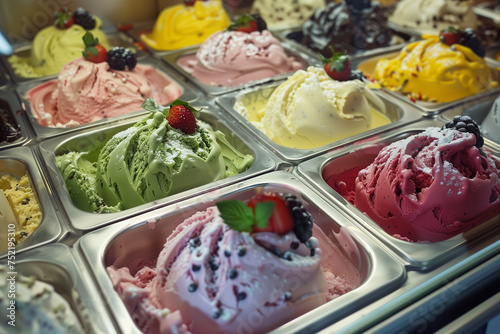 Various Gelato in a store window. Multicolor Ice cream rack in a snack bar. © sashka1313