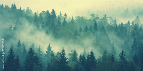 Misty foggy mountain landscape with firs in vintage style - AI Generated © mbruxelle