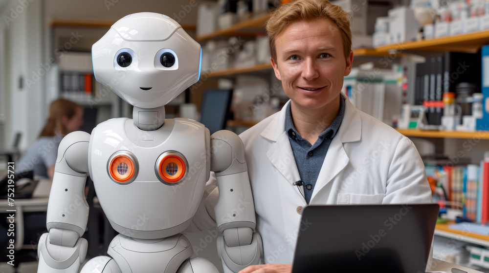 A scientist working with a humanoid robot in a modern lab setting. Researcher with Humanoid Robot in Laboratory. A scientist working with a humanoid robot in a modern lab setting. Researcher with Humanoid Robot in Laboratory.