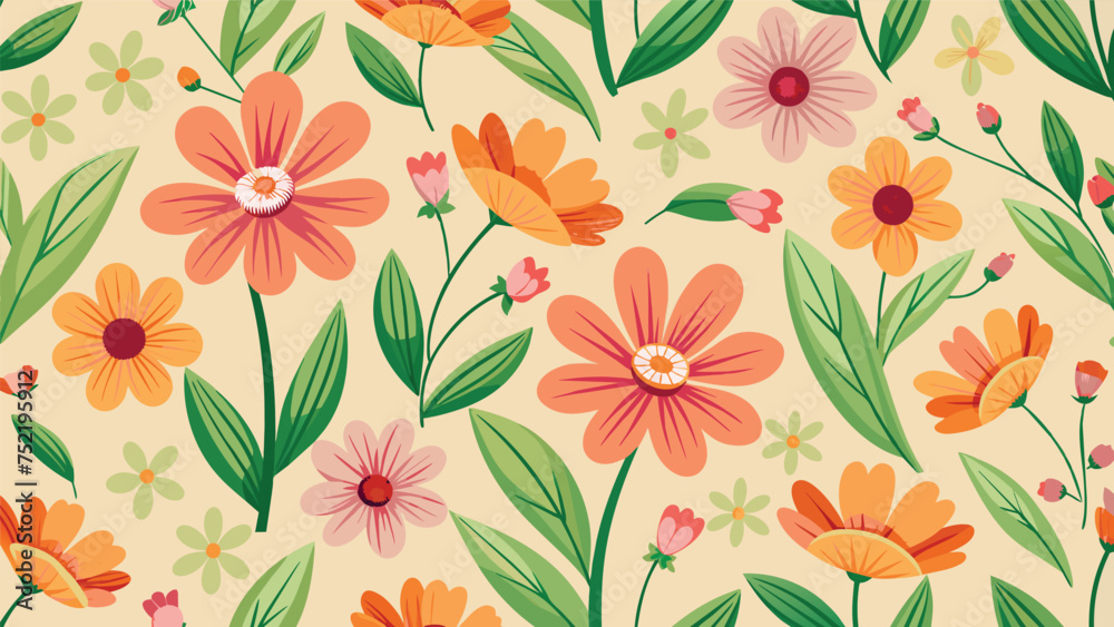 Seamless pattern with flowers and leafs. Vector illustration.