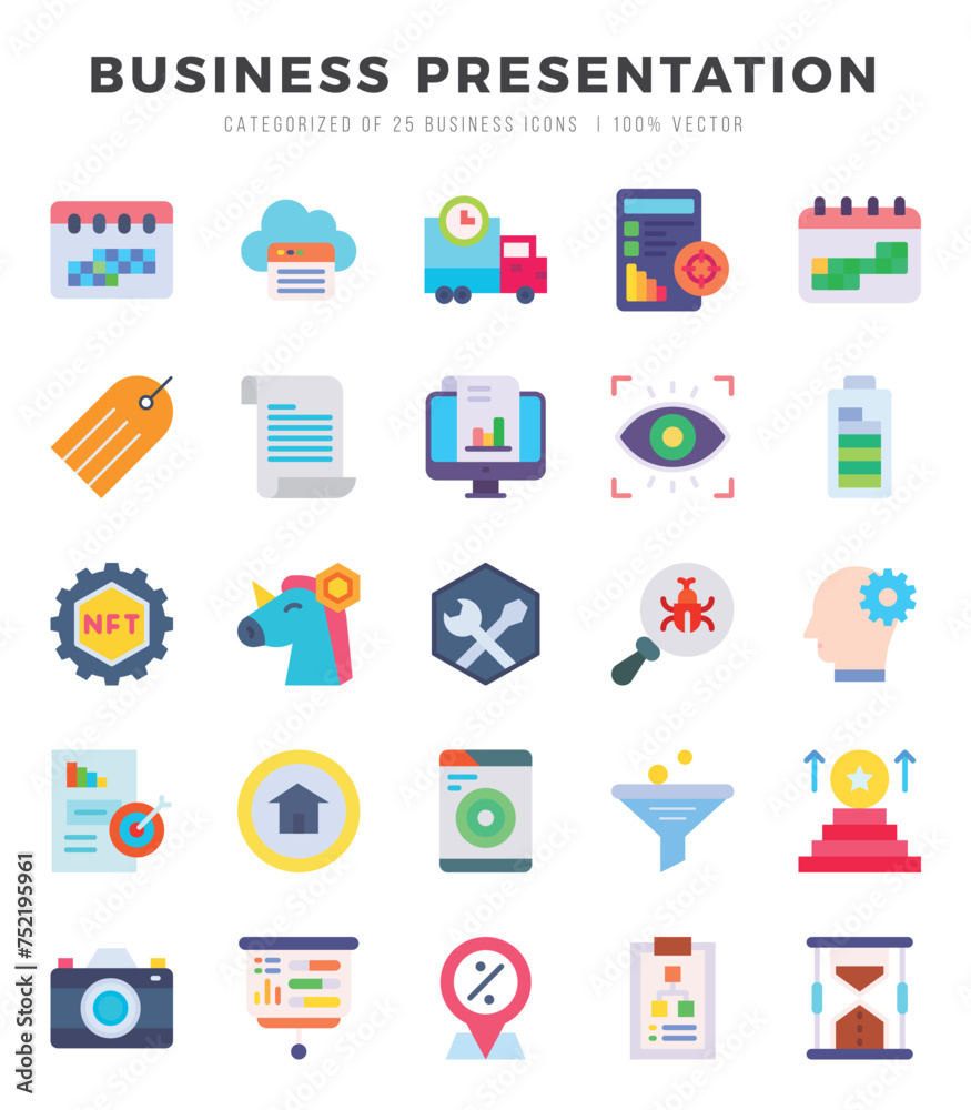 Set of 25 Business Presentation Flat Icons Pack.