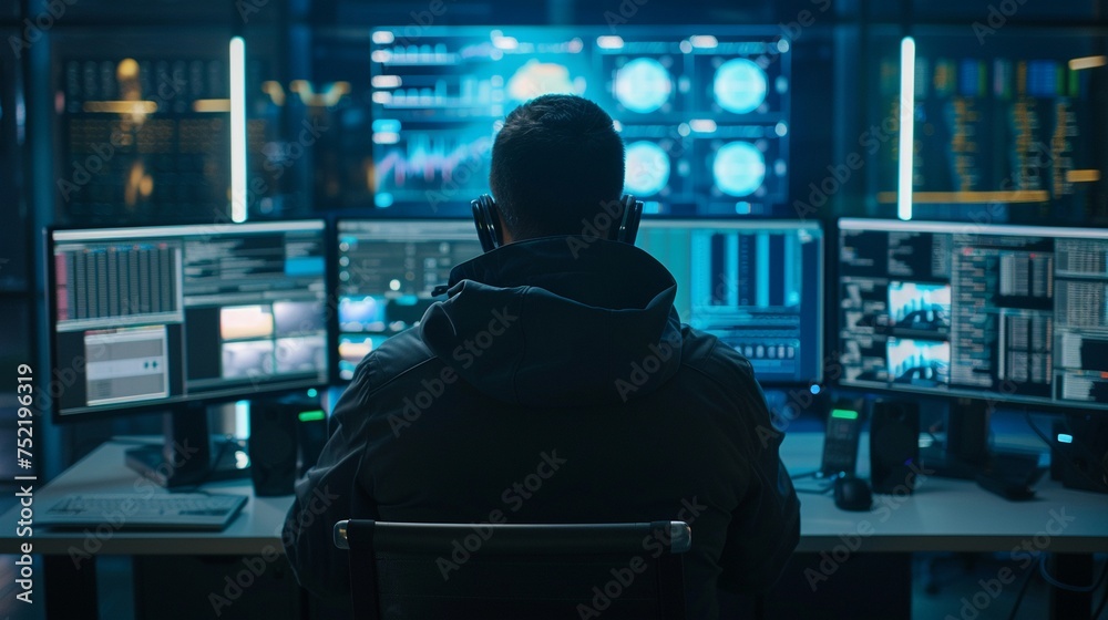 Rear View of Hacker Working on Computers in Dark Room with Multiple Monitors Rear View of Hacker Working on Computers in Dark Room with Multiple Monitors