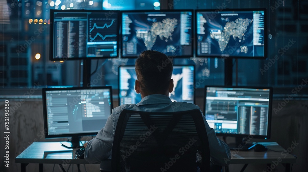 Rear View of Hacker Working on Computers in Dark Room with Multiple Monitors Rear View of Hacker Working on Computers in Dark Room with Multiple Monitors
