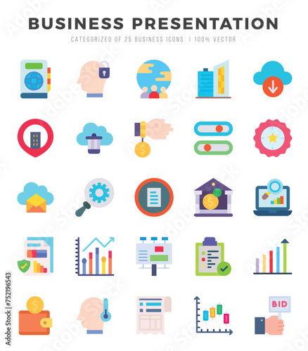 Set of simple Flat Business Presentation Icons. Flat art icons pack. Vector illustration.