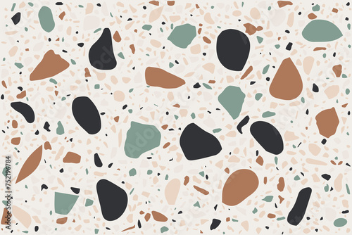 Terrazzo floor texture. Polished pebbles. Abstract green, beige and black color seamless pattern, vector background. Italian style tile in stone, marble and glass.