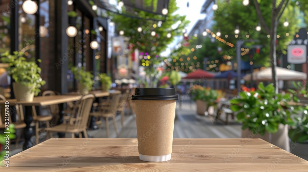 A paper coffee cup sits on a wooden table with a blurred urban cafe backdrop.