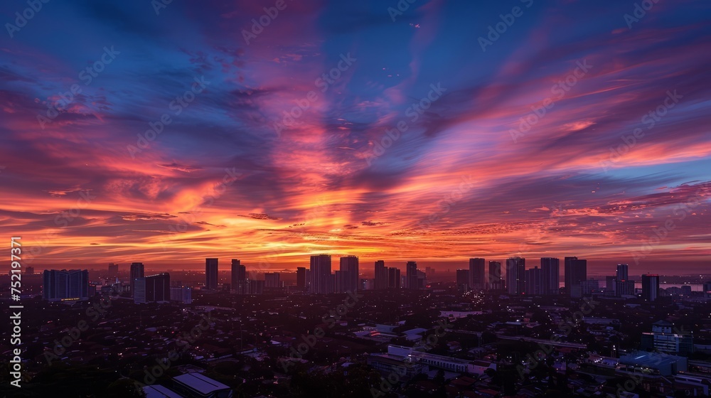Dramatic sunset over the city skyline