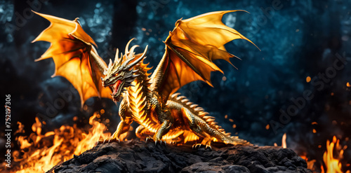 Golden dragon roaring and spreading wings in fire