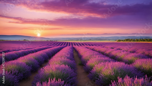 Purple lavender field of Provence at sunset