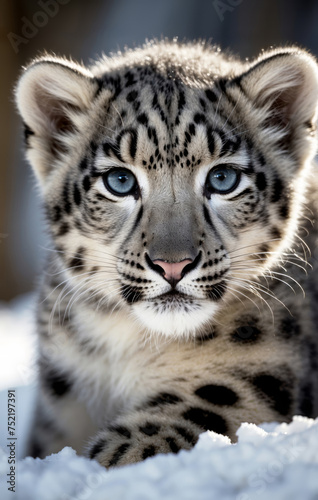 Snow leopard cub close up portrait