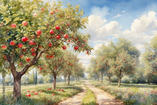 Watercolor idyllic apple orchard