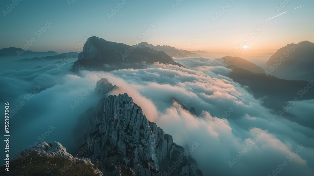 Landscape of mountain and clouds at sunrise. Panoramic view.
