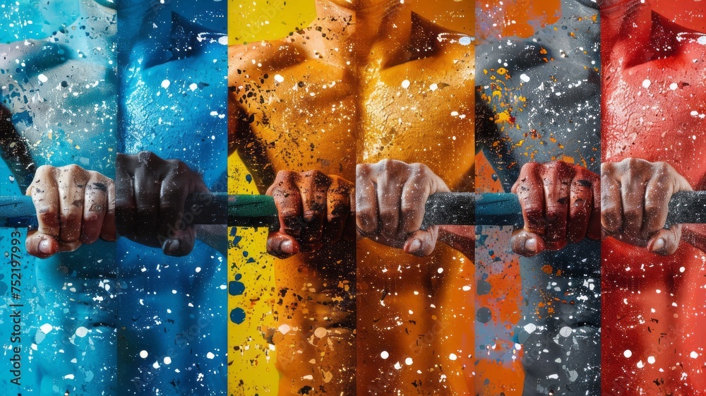 Fototapeta premium Colorful collage with muscular male athletes bodies and hands holding barbell. Fitness, healthy lifestyle, bodybuilding and diversity concept. Poster painted with rainbow colors.