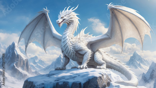 White dragon roaring and spreading wings on rock