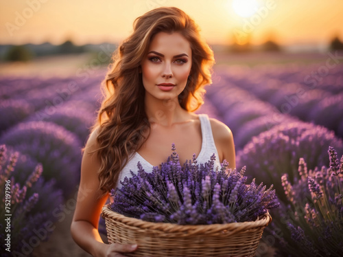 Woman at lavender field at sunset