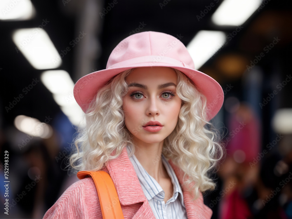 Beautiful young blonde woman with curly hair in a pink hat on the street Beautiful young blonde woman with curly hair in a pink hat on the street