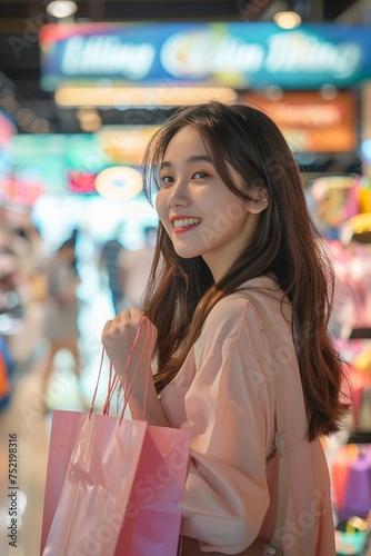 Stylish Asian Woman Enjoying Shopping with Surprise Sales and Discounts