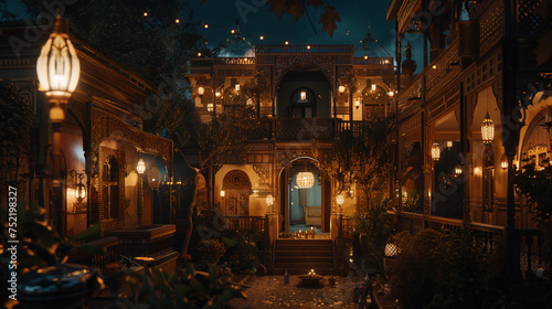 A cozy village setting with traditional houses surrounding a central mosque, adorned with intricate patterns, creating a charming backdrop for Ramadan celebrations. 8K.