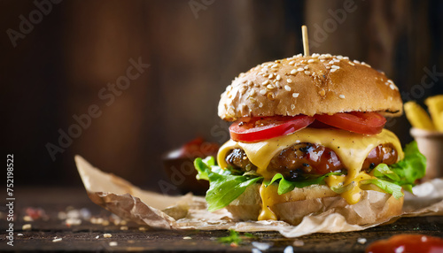 Close-up of a delicious cheeseburger with lettuce, tomato, onion, mustard, ketchup, and melted american cheese with panoramic composition, fast food advertisement menu