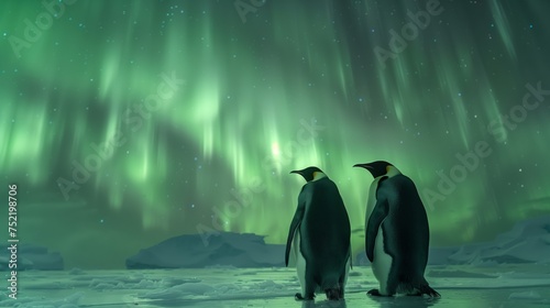 Penguins Under Aurora. Emperor penguins standing together under the breathtaking green aurora in Antarctica.