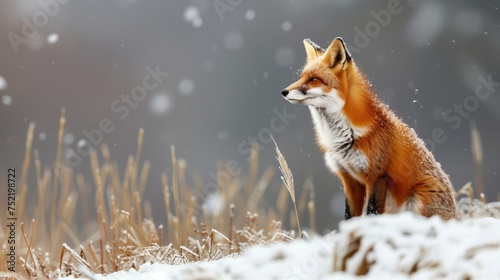 Red Fox in Snow. A majestic red fox sits in a snowy field  its fur dusted with snowflakes.