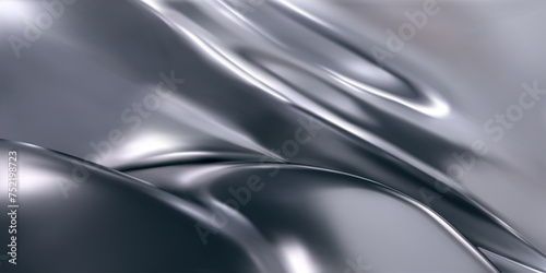 3d chrome liquid wavy texture, silver silk fabric background or smooth metal foil. Render of luxury cloth or curtain with wavy folds, shiny gradient effect flying in motion. 3d vector chrome texture