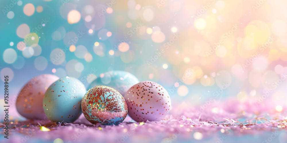 Pastel Easter eggs adorned with glitter, amidst a confetti shower, suggesting joy. Suited for vibrant, playful holiday visuals Pastel Easter eggs adorned with glitter, amidst a confetti shower, suggesting joy. Suited for vibrant, playful holiday visuals
