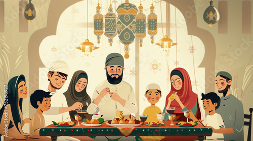 A family gathering around a beautifully decorated table, ready to break their fast during Eid al-Fitr. 8K.