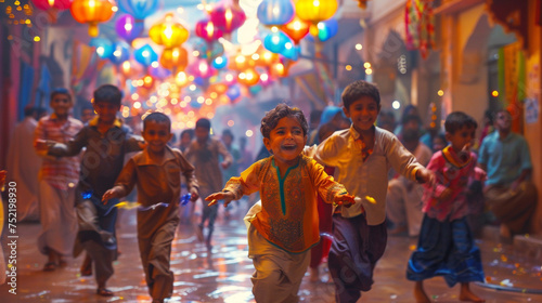 A group of children playing joyfully in a colorful bazaar, spreading happiness during Eid Mubarak. 8K.