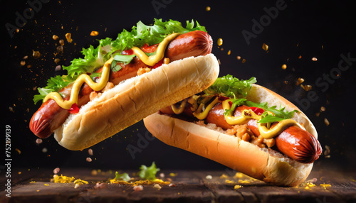 Fresh hotdogs or sausage sandwiches with flying ingredients and spices in mid-air © Alexander Raths