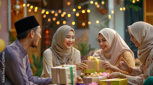 A group of friends sharing laughter and joy as they exchange gifts to celebrate Eid Mubarak together. 8K.