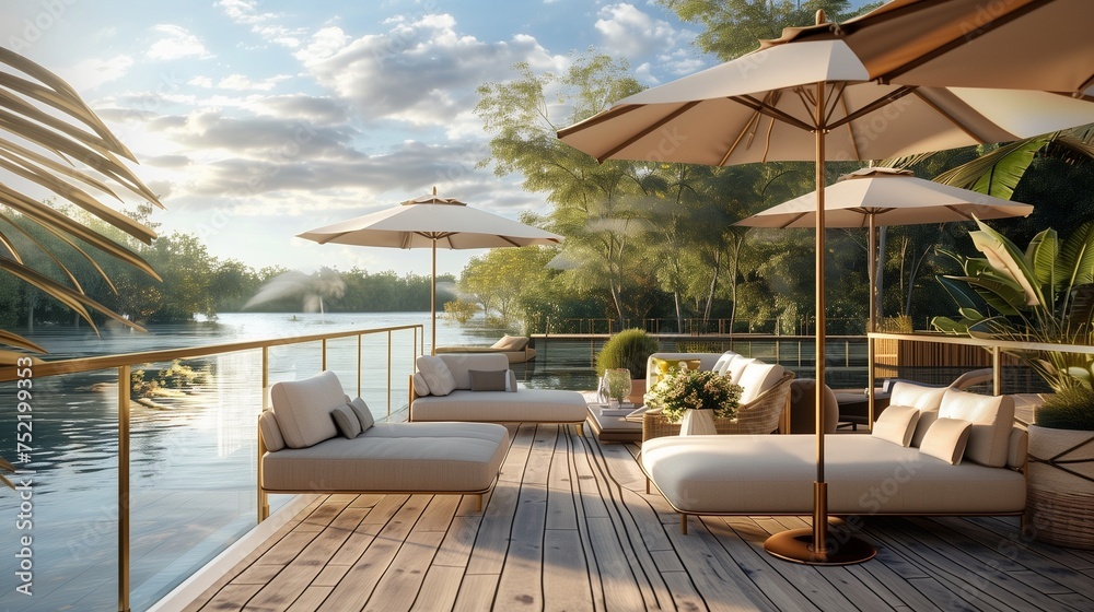 A sun-kissed terrace adorned with plush cushions and elegant umbrellas, overlooking serene waters.