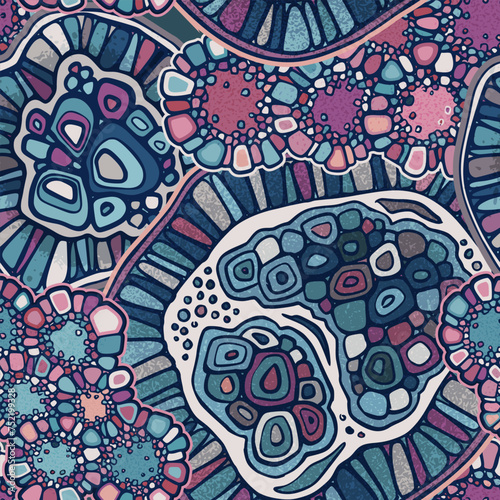 Vector seamless colorful abstract organic pattern. Abstract background in biological style. Macro image, plants, magnified under a microscope.