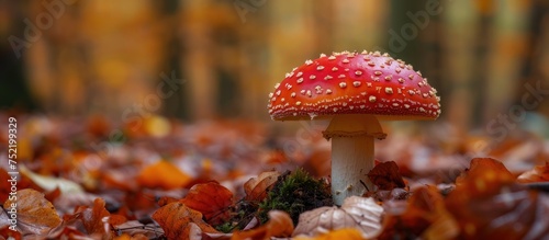 A vibrant red mushroom with white spots perched on a stack of fallen leaves in a forest setting.