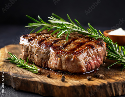 Grilled sliced juicy beef rib eye steak with herbs on the cutting board