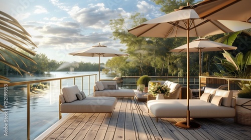 A sun-kissed terrace adorned with plush cushions and elegant umbrellas, overlooking serene waters. © Tayyab