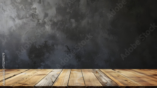 Real wood table top texture on dark room interior design background. For create product display or design key visual , photo