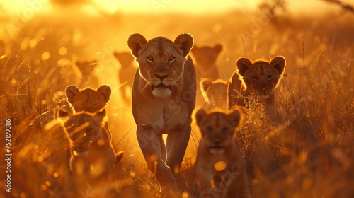Lion family takes an early morning stroll, the sun casting a golden glow over the pride and the surrounding savannah.