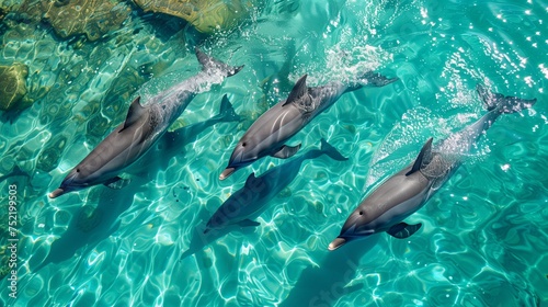 Dolphins glide gracefully under the crystal clear waters, their sleek forms illuminated by the shimmering sunlight above.